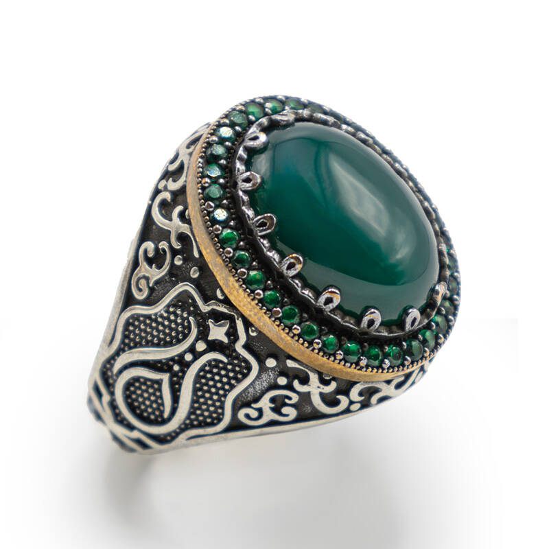 Yeşil Zirkon Taşlı Erkek Gümüş Yüzük - Serhendi Logolu - Mühür M1 - 1