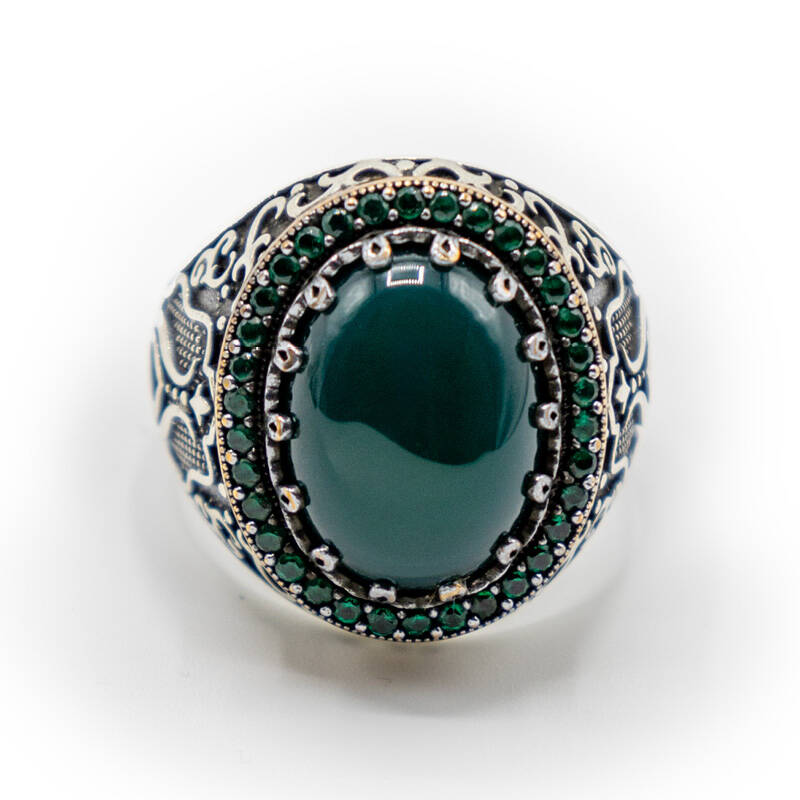 Yeşil Zirkon Taşlı Erkek Gümüş Yüzük - Serhendi Logolu - Mühür M1 - 3