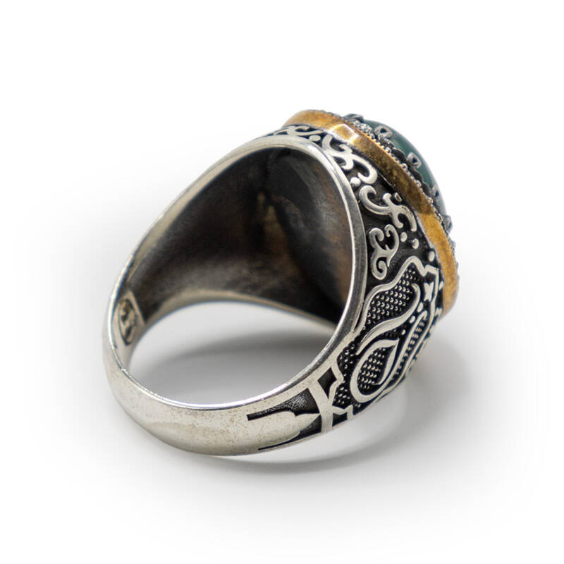 Yeşil Zirkon Taşlı Erkek Gümüş Yüzük - Serhendi Logolu - Mühür M1 - 4