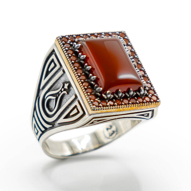 Bordo Zirkon Taşlı Erkek Gümüş Yüzük - Serhendi Logolu - Mühür M3 - 1