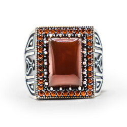 Bordo Zirkon Taşlı Erkek Gümüş Yüzük - Serhendi Logolu - Mühür M3 - 3