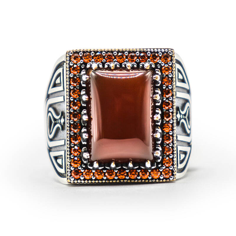 Bordo Zirkon Taşlı Erkek Gümüş Yüzük - Serhendi Logolu - Mühür M3 - 3