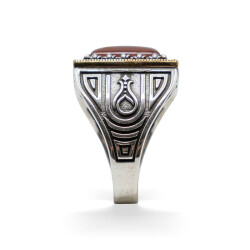 Bordo Zirkon Taşlı Erkek Gümüş Yüzük - Serhendi Logolu - Mühür M3 - 2