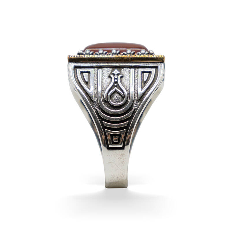 Bordo Zirkon Taşlı Erkek Gümüş Yüzük - Serhendi Logolu - Mühür M3 - 2