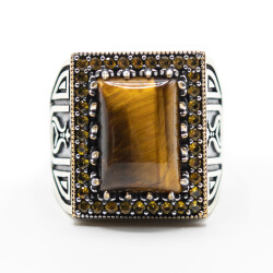 Kahverengi Zirkon Taş Erkek Gümüş Yüzük - Serhendi Logolu - Mühür M3 - 3