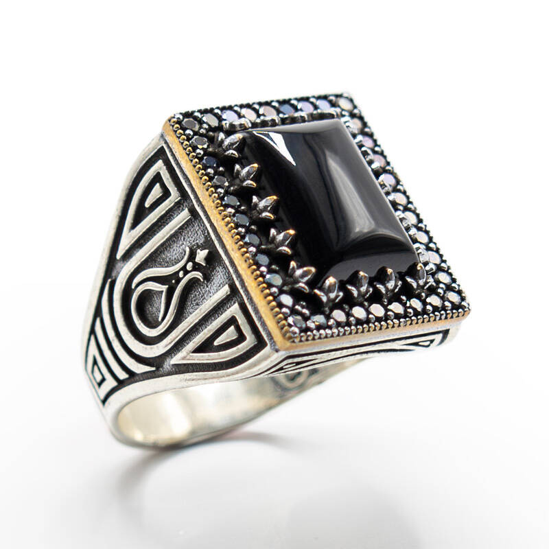 Siyah Zirkon Taşlı Erkek Gümüş Yüzük - Serhendi Logolu - Mühür M3 - 1