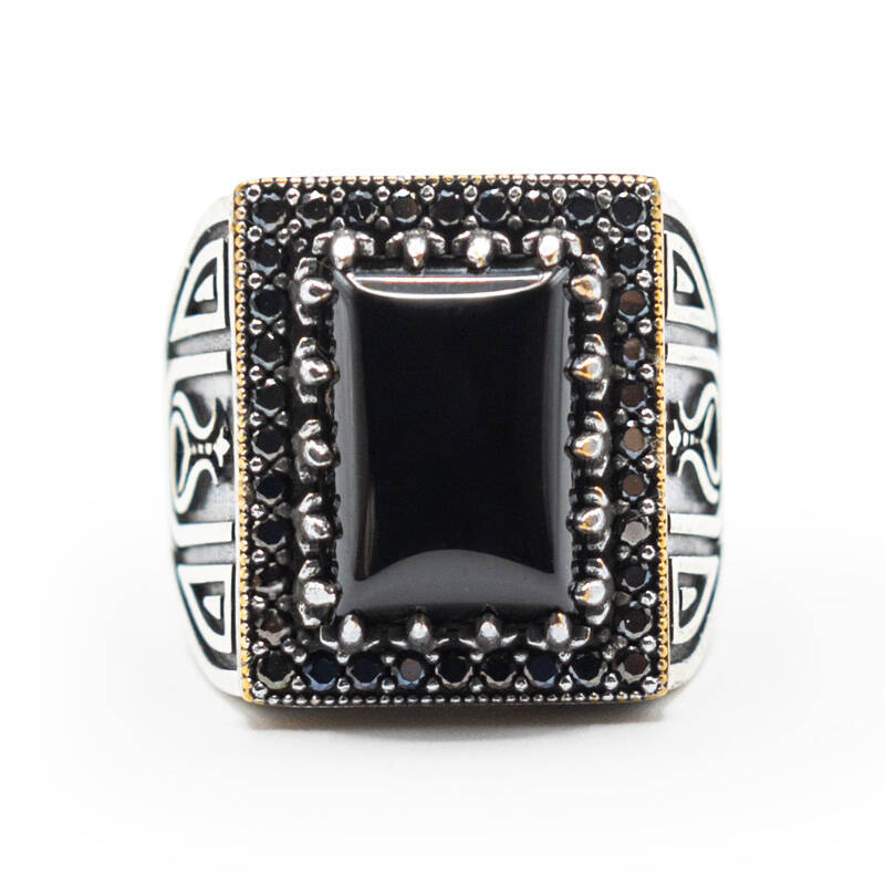 Siyah Zirkon Taşlı Erkek Gümüş Yüzük - Serhendi Logolu - Mühür M3 - 3