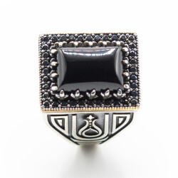 Siyah Zirkon Taşlı Erkek Gümüş Yüzük - Serhendi Logolu - Mühür M3 - 2