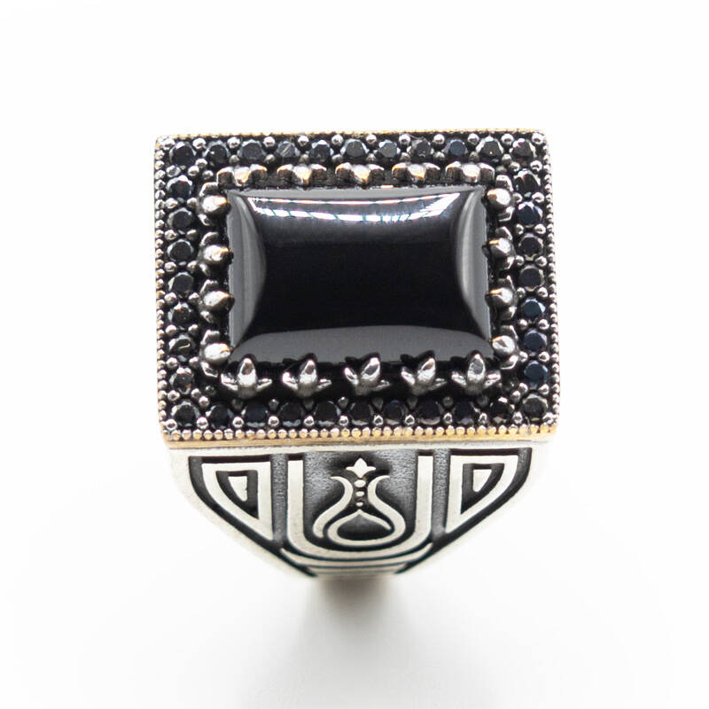 Siyah Zirkon Taşlı Erkek Gümüş Yüzük - Serhendi Logolu - Mühür M3 - 2