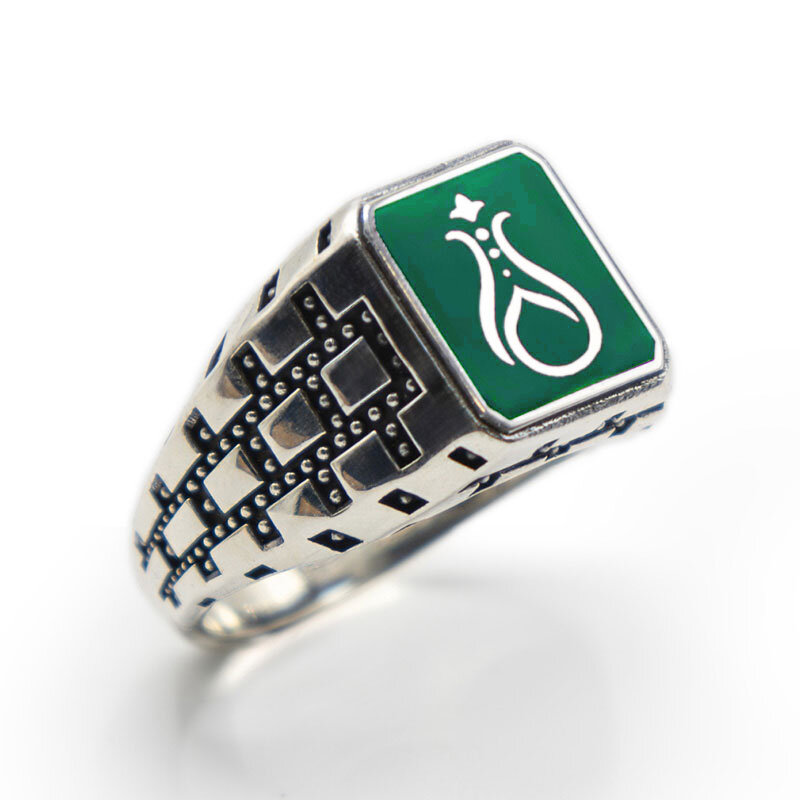Yeşil Zirkon Taşlı Erkek Gümüş Yüzük - Serhendi Logolu - Mühür M8 - 1