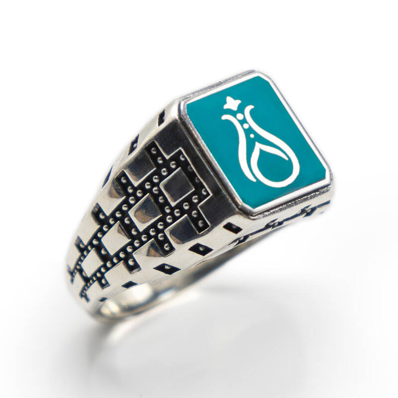 Turkuaz Zirkon Taşlı Erkek Gümüş Yüzük - Serhendi Logolu - Mühür M8 - 1