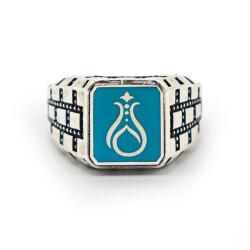 Turkuaz Zirkon Taşlı Erkek Gümüş Yüzük - Serhendi Logolu - Mühür M8 - 3