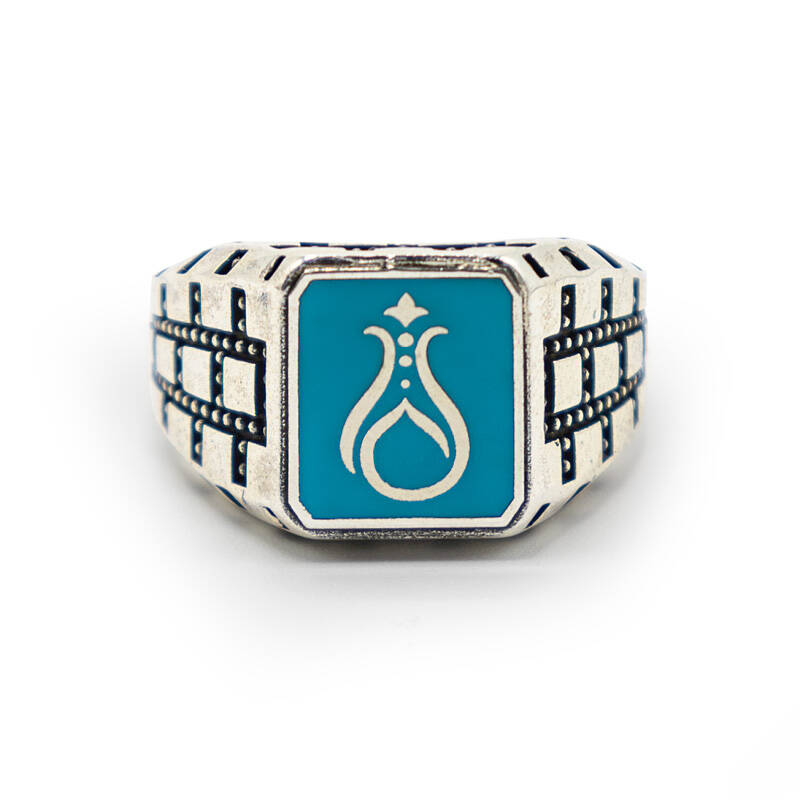 Turkuaz Zirkon Taşlı Erkek Gümüş Yüzük - Serhendi Logolu - Mühür M8 - 3