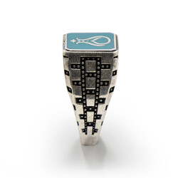 Turkuaz Zirkon Taşlı Erkek Gümüş Yüzük - Serhendi Logolu - Mühür M8 - 2