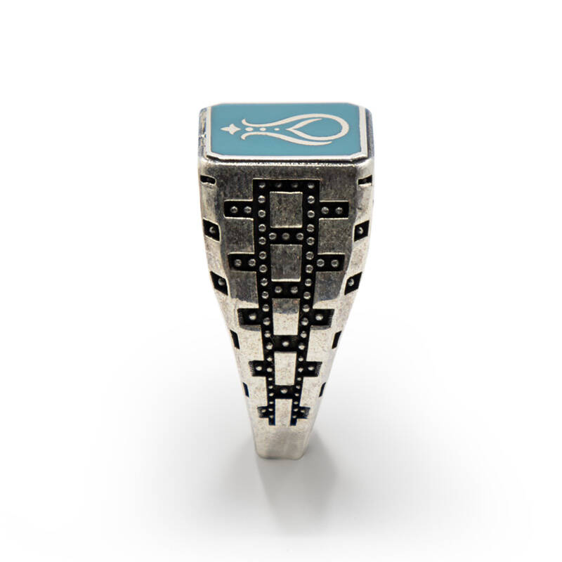 Turkuaz Zirkon Taşlı Erkek Gümüş Yüzük - Serhendi Logolu - Mühür M8 - 2