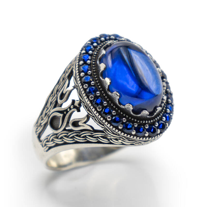 Lacivert Zirkon Taşlı Erkek Gümüş Yüzük - Serhendi Logolu - Mühür M7 - 1