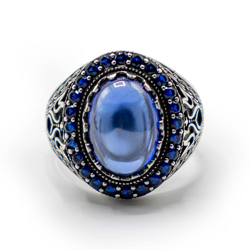 Lacivert Zirkon Taşlı Erkek Gümüş Yüzük - Serhendi Logolu - Mühür M7 - 3