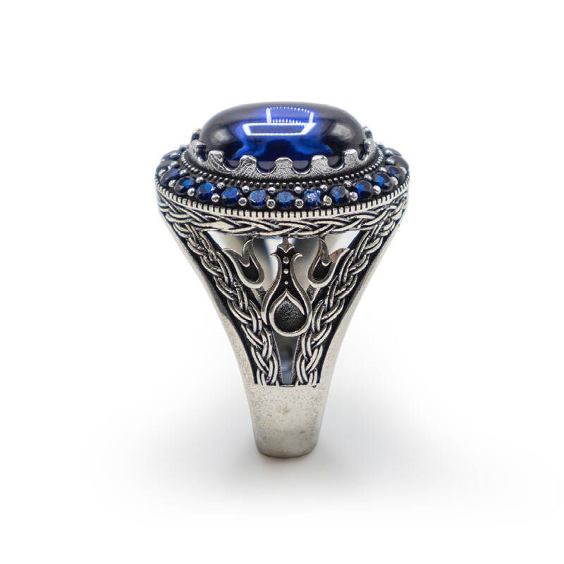 Lacivert Zirkon Taşlı Erkek Gümüş Yüzük - Serhendi Logolu - Mühür M7 - 2