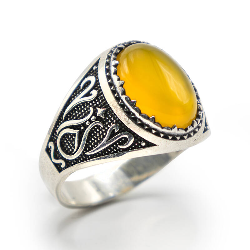 Hardal Zirkon Taşlı Erkek Gümüş Yüzük - Serhendi Logolu - Mühür M9 - 1