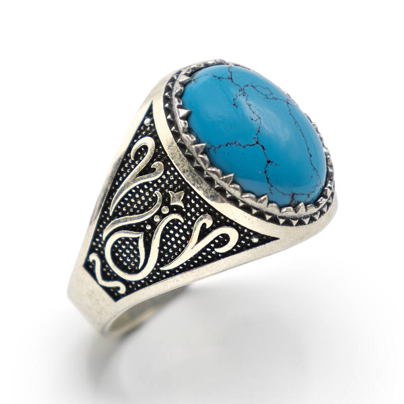 Turkuaz Zirkon Taşlı Erkek Gümüş Yüzük - Serhendi Logolu - Mühür M9 - 1