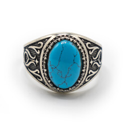 Turkuaz Zirkon Taşlı Erkek Gümüş Yüzük - Serhendi Logolu - Mühür M9 - 3