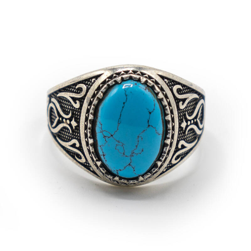 Turkuaz Zirkon Taşlı Erkek Gümüş Yüzük - Serhendi Logolu - Mühür M9 - 3