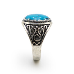Turkuaz Zirkon Taşlı Erkek Gümüş Yüzük - Serhendi Logolu - Mühür M9 - 2