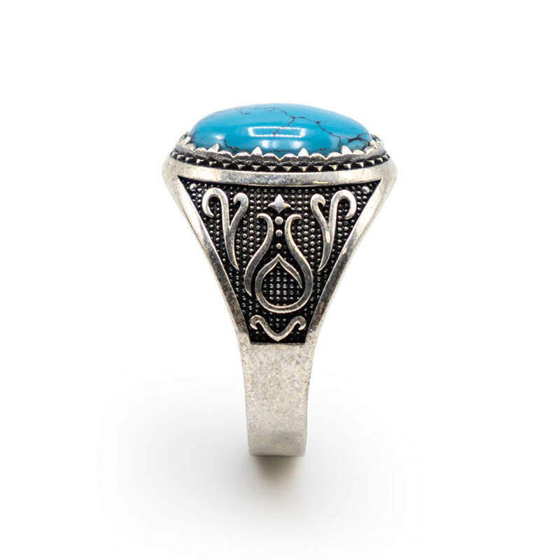 Turkuaz Zirkon Taşlı Erkek Gümüş Yüzük - Serhendi Logolu - Mühür M9 - 2