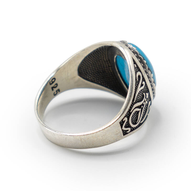 Turkuaz Zirkon Taşlı Erkek Gümüş Yüzük - Serhendi Logolu - Mühür M9 - 4