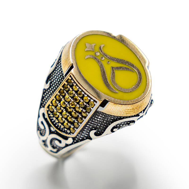 Sarı Zirkon Taşlı Erkek Gümüş Yüzük - Serhendi Logolu - Mühür M4 - 1