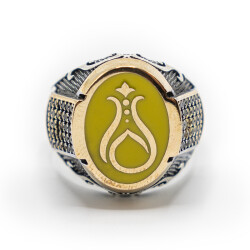 Sarı Zirkon Taşlı Erkek Gümüş Yüzük - Serhendi Logolu - Mühür M4 - 3