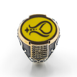 Sarı Zirkon Taşlı Erkek Gümüş Yüzük - Serhendi Logolu - Mühür M4 - 2