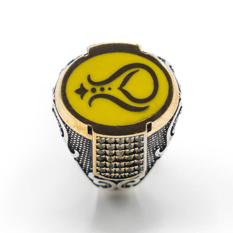 Sarı Zirkon Taşlı Erkek Gümüş Yüzük - Serhendi Logolu - Mühür M4 - 2