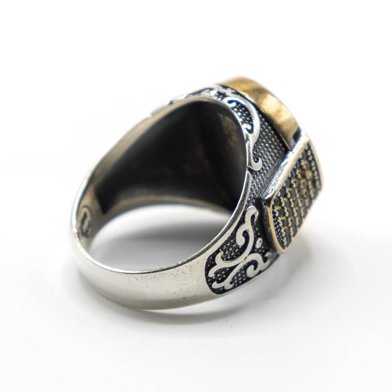 Sarı Zirkon Taşlı Erkek Gümüş Yüzük - Serhendi Logolu - Mühür M4 - 4