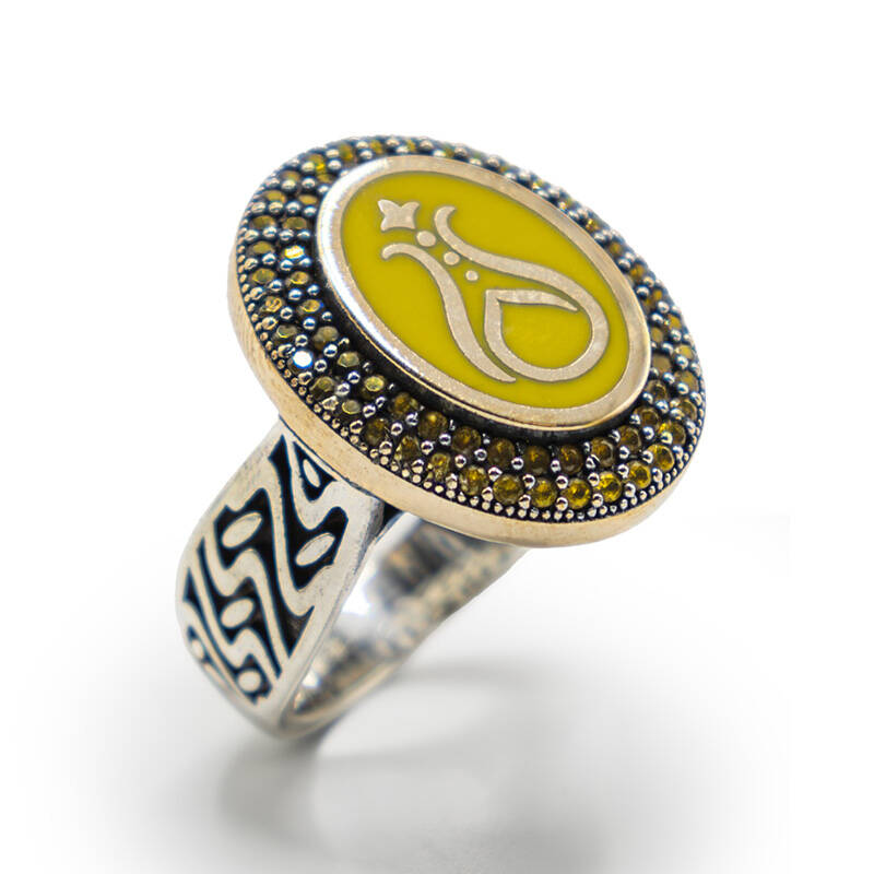 Sarı Zirkon Taşlı Erkek Gümüş Yüzük - Serhendi Logolu - Mühür M5 - 1