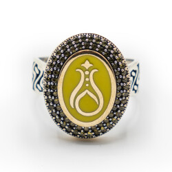 Sarı Zirkon Taşlı Erkek Gümüş Yüzük - Serhendi Logolu - Mühür M5 - 3