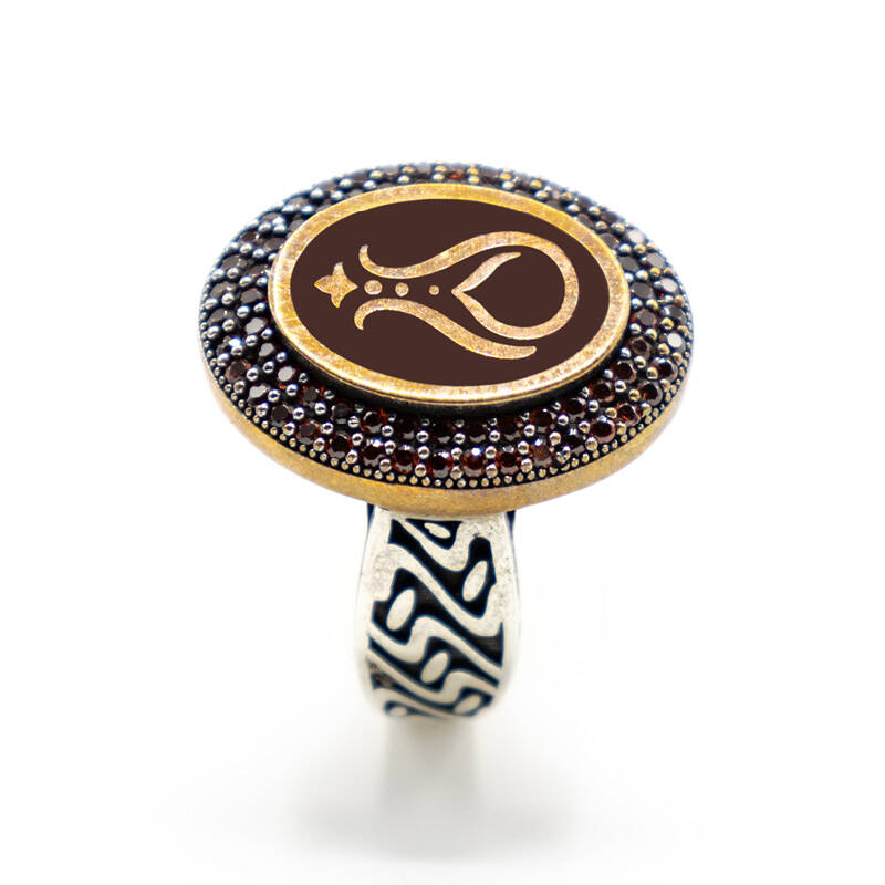 Bordo Zirkon Taşlı Erkek Gümüş Yüzük - Serhendi Logolu - Mühür M5 - 2