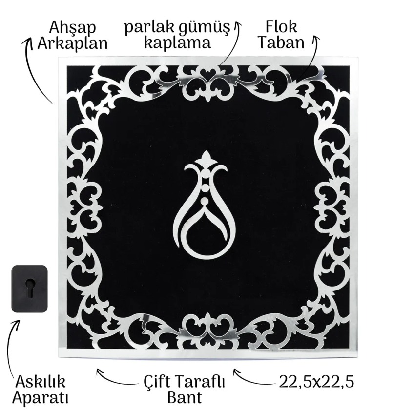 Serhendi Logolu Tablo - Duvar Dekoru - 22,5x22,5 Ahşap Kadife Gümüş Pleksi M2 - 1