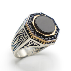 Siyah Zirkon Taşlı Erkek Gümüş Yüzük - Revan M6 - 1