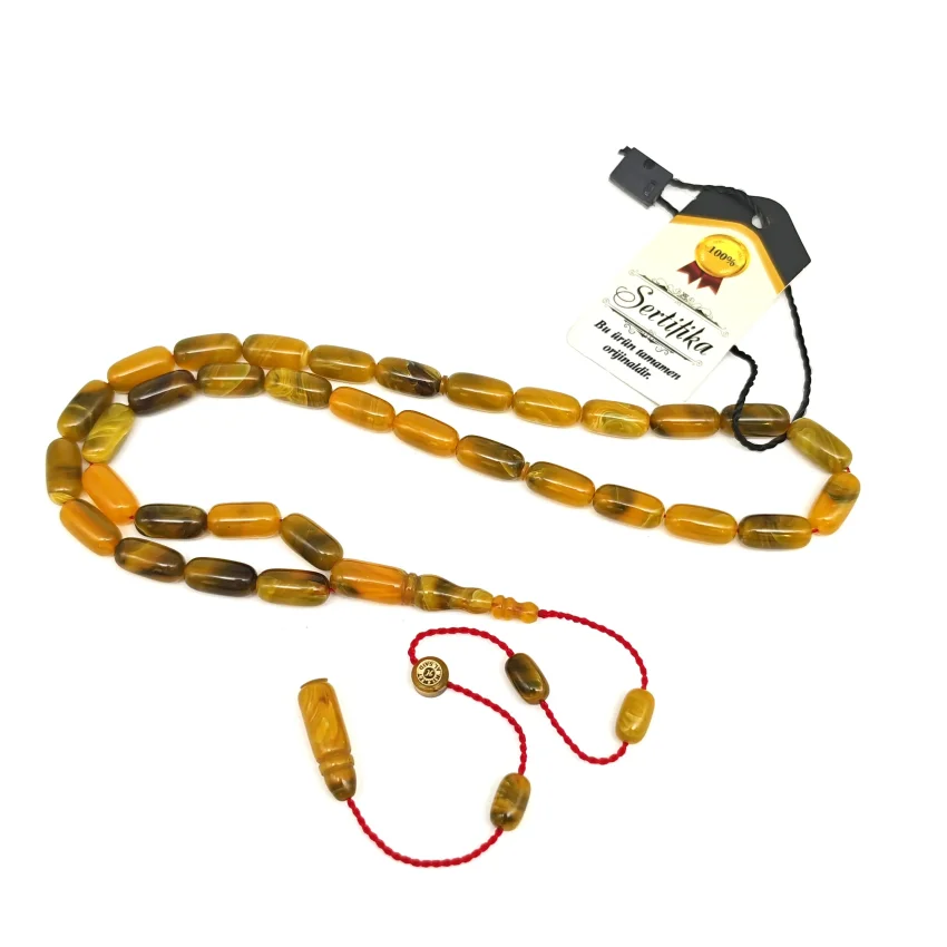 Sıkma Kehribar Hardal İnce Kapsül Kesim Tesbih HA25 - 1