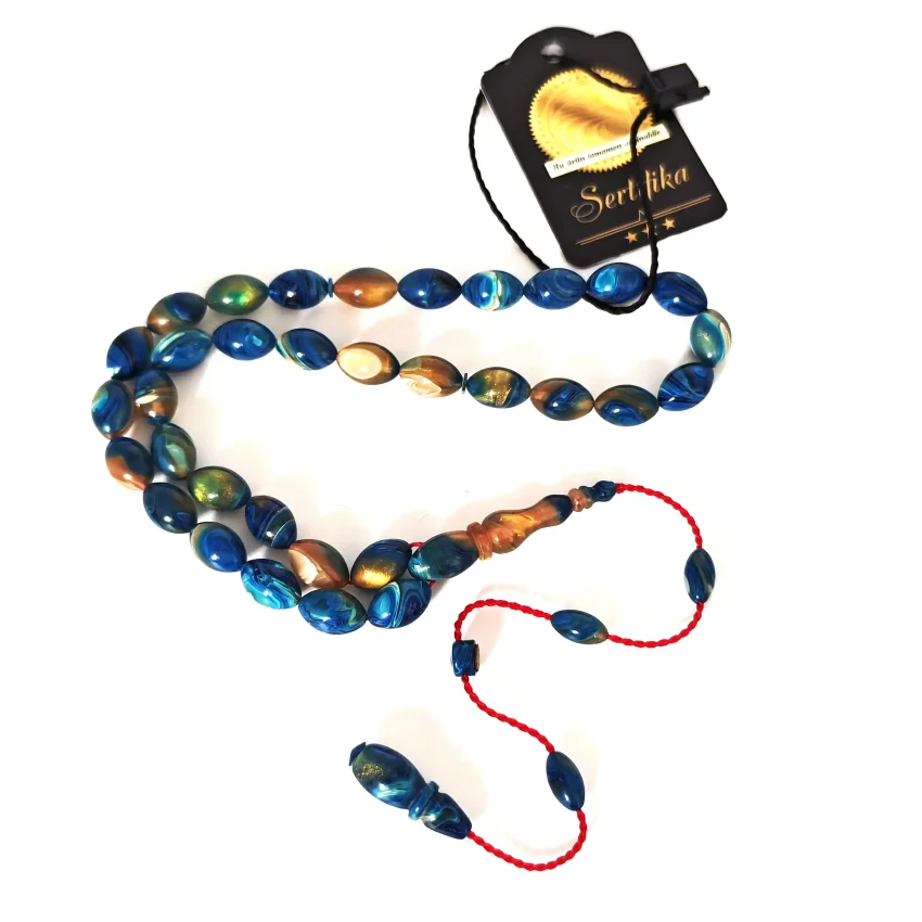 Sıkma Kehribar Hareli Açık Mavi Arpa Kesim Tesbih HA20 - 1