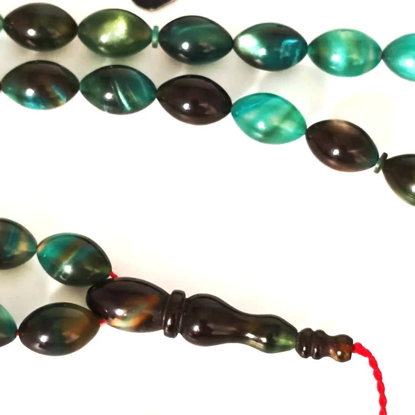 Sıkma Kehribar Hareli Koyu Yeşil Arpa Kesim Tesbih HA19 - 2