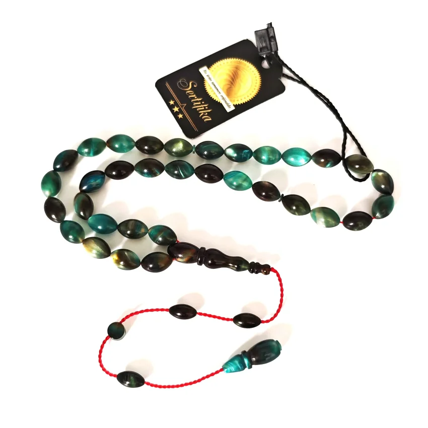 Sıkma Kehribar Hareli Koyu Yeşil Arpa Kesim Tesbih HA19 - 1