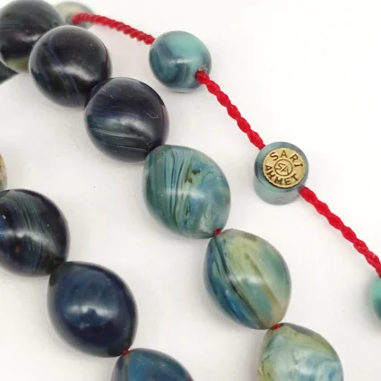 Sıkma Kehribar Hareli Mavi Arpa Kesim Tesbih HA17 (1)