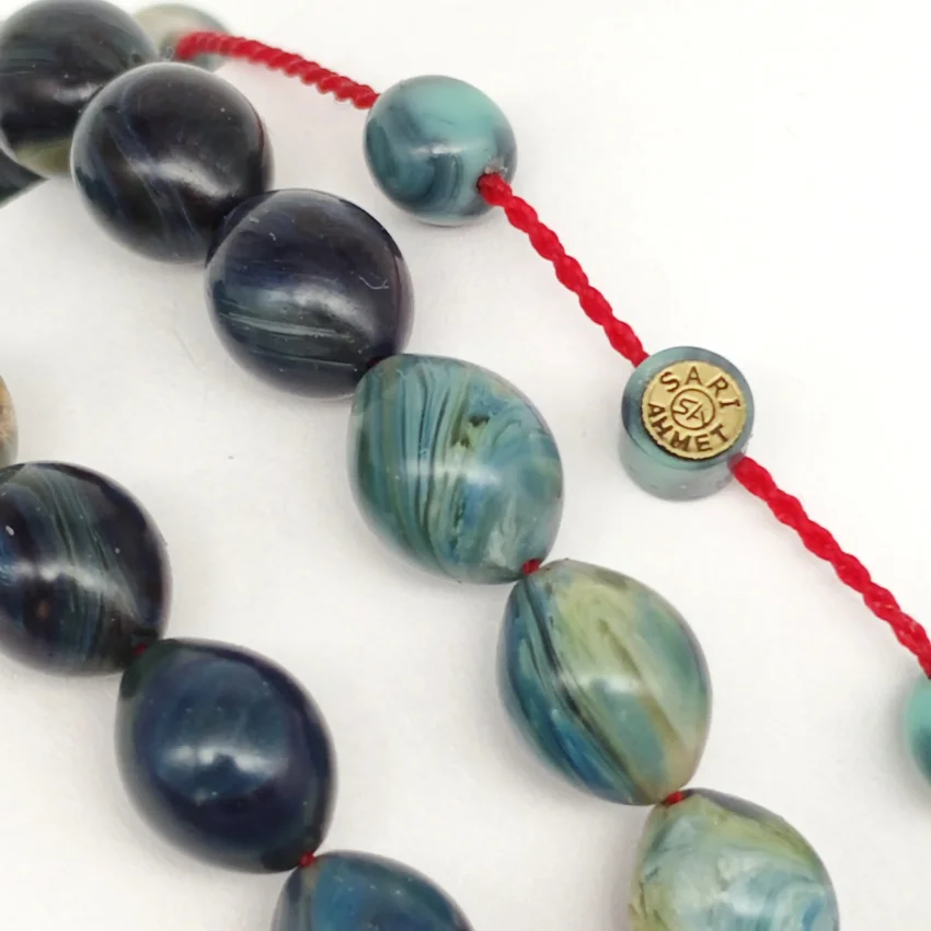 Sıkma Kehribar Hareli Mavi Arpa Kesim Tesbih HA17 - 2