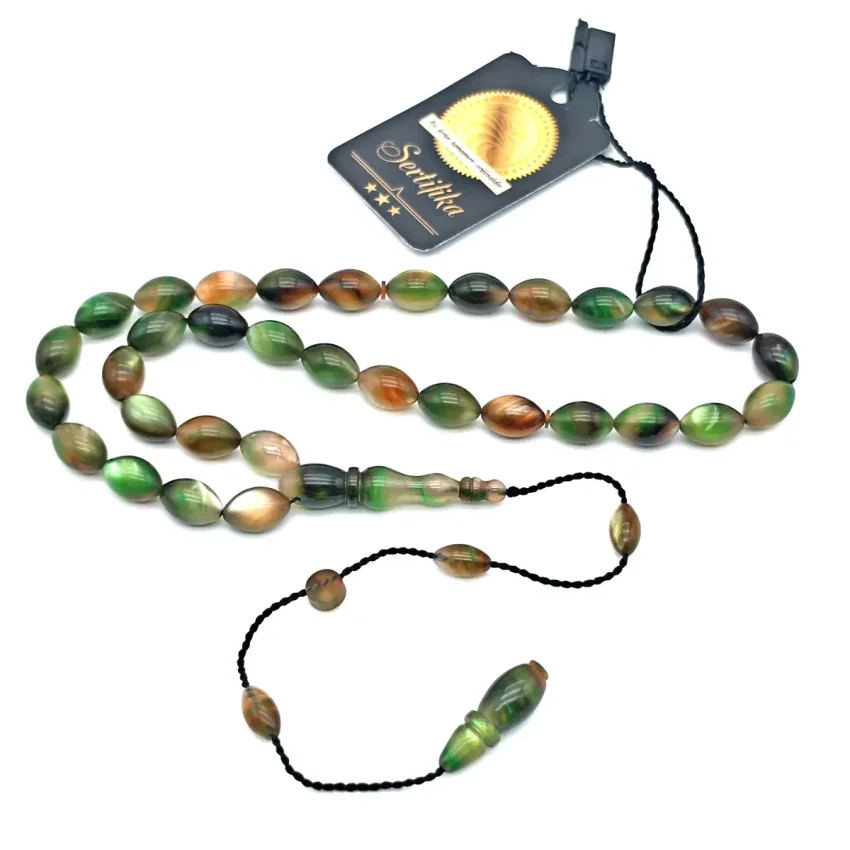 Sıkma Kehribar Hareli Mavi Arpa Kesim Tesbih HA23 - 1