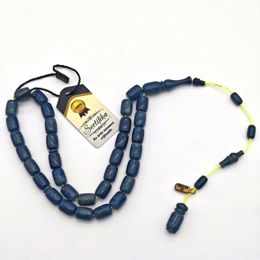 Sıkma Kehribar Hareli Mavi Kapsül Kesim Tesbih iB3 - 3