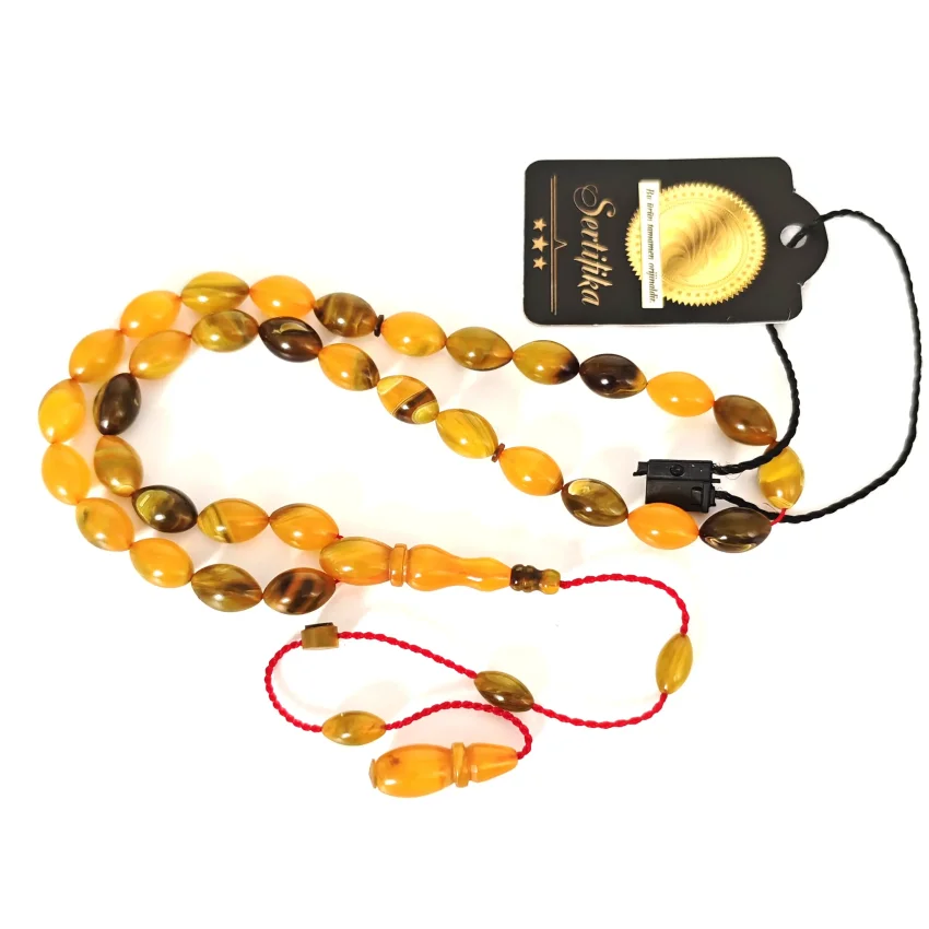 Sıkma Kehribar Hareli Sarı Arpa Kesim Tesbih HA21 - 1