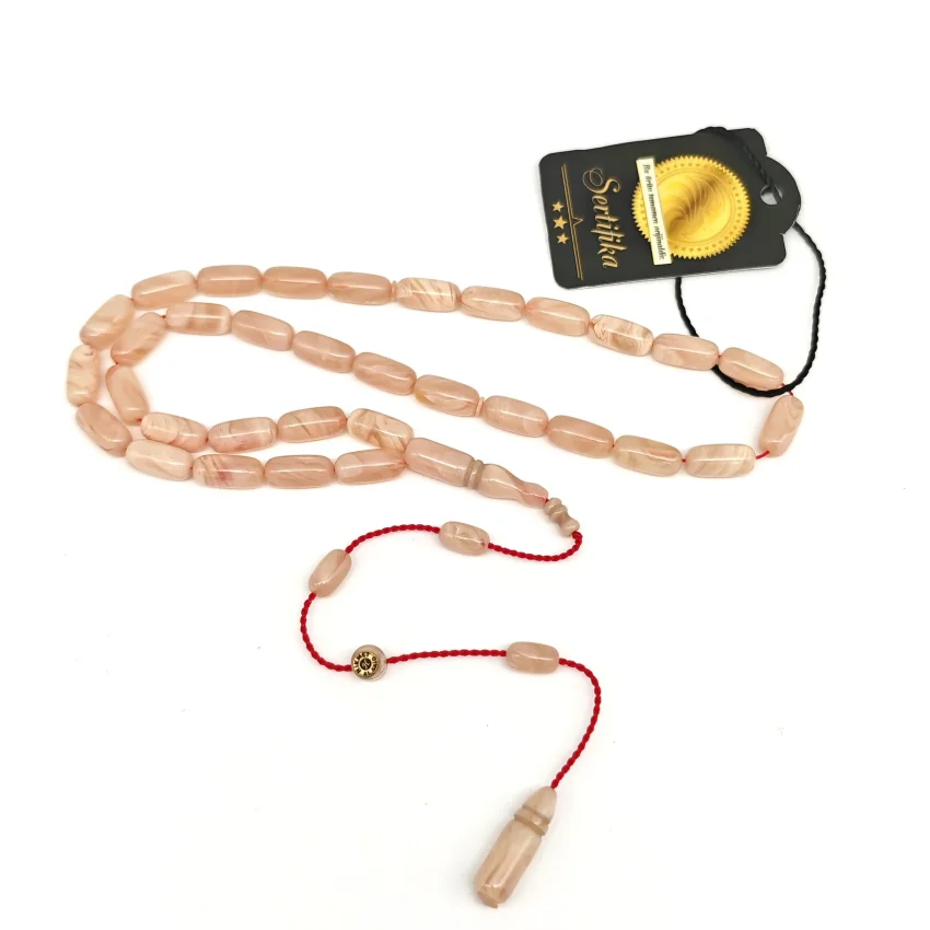 Sıkma Kehribar Hareli Somon İnce Kapsül Kesim Tesbih HA26 - 1