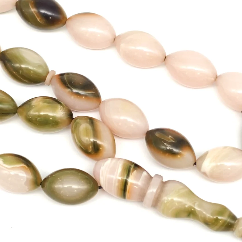 Sıkma Kehribar Hareli Yeşil Arpa Kesim Tesbih HA18 - 2